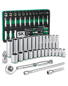 SKTSK01301-216P image(0) - S K Hand Tools 1/4" Drive, 30 Piece, 6 Point, Shallow & Deep, Metric Chrome Socket Set with 216P Ratchet, Packaged in EVA Foam Tray