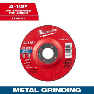 MLW49-94-0503 image(0) - Milwaukee Tool 4-1/2" x 1/4" x 7/8" Metal Grinding Wheel - Type 27