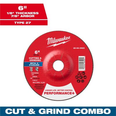 MLW49-94-0923 image(0) - Milwaukee Tool 6" x 1/8" x 7/8" Performance+ Dual Metal Cut & Grind Wheel - Type 27