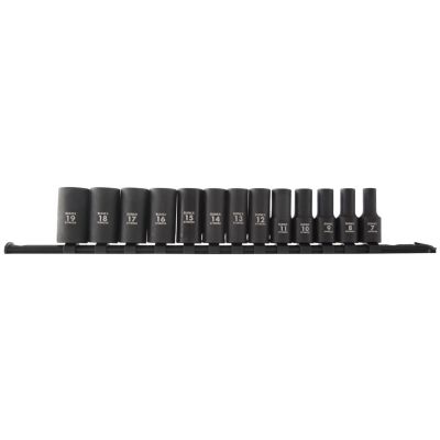 SUN3338A image(0) - SUNEX 13 Piece 3/8 Inch Drive 12pt Metric Semi-Deep Impact Socket Set on Rail