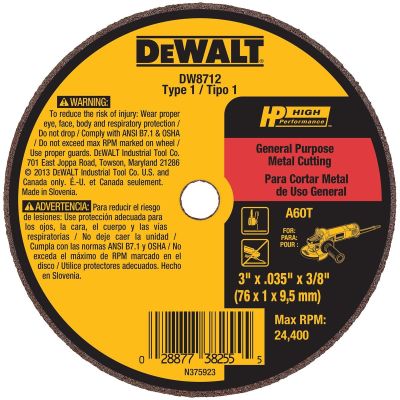 DWTDW8712 image(0) - DEWALT 3" x .035" x 3/8" A60T Metal & Stainless Cutting & Grinding Wheel