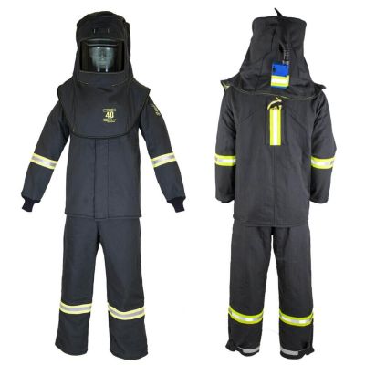 OBRTCG4B-ES-S-HVSL image(0) - OBERON Suit Kit - Arc Flash - 40 Cal TCG - Comes with Hood, Coat, Bib Coveralls and Fresh Air Arc Flash Hood Ventilation System & Light  - With Escape Strap - Color: Black - Size: Small