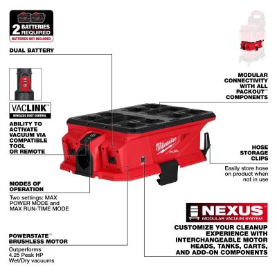 MLW0926-20 image(1) - Milwaukee Tool M18 FUEL NEXUS Dual Battery Wet/Dry Vacuum Motor Head With PACKOUT Compatibility and VACLINK
