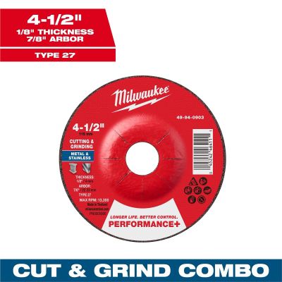 MLW49-94-0903 image(0) - Milwaukee Tool 4-1/2" x 1/8" x 7/8" Performance+ Dual Metal Cut & Grind Wheel - Type 27