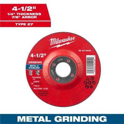 MLW49-94-0505 image(0) - Milwaukee Tool 4-1/2" x 1/4" x 7/8" Metal Grinding Wheel - Type 27