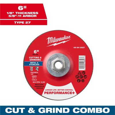 MLW49-94-0927 image(0) - Milwaukee Tool 6" x 1/8" x 5/8"-11 Performance+ Dual Metal Cut & Grind Wheel - Type 27