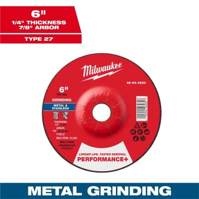 MLW49-94-0623 image(0) - Milwaukee Tool 6" x 1/4" x 7/8" Performance+ Metal Grinding Wheel - Type 27
