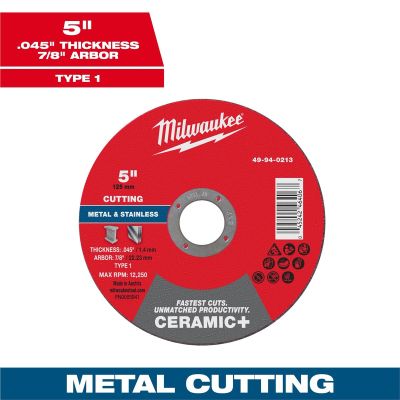 MLW49-94-0213 image(0) - Milwaukee Tool 5" x .045" x 7/8" Ceramic+ Metal Cut Off Wheel -Type 1