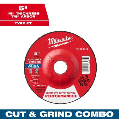 MLW49-94-0913 image(0) - Milwaukee Tool 5" x 1/8" x 7/8" Performance+ Dual Metal Cut & Grind Wheel - Type 27