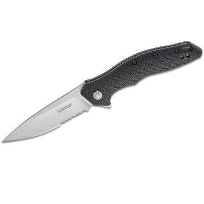 KER1845ST image(0) - Kershaw Shoreline Serrated Assisted Open Liner Lock 8Cr13MoV Drop Point Blade with Stonewashed Finish EDC Folding Pocket Knife - Black