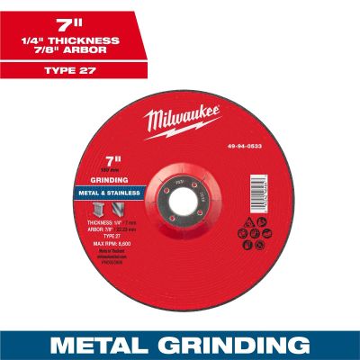 MLW49-94-0533 image(0) - Milwaukee Tool 7" x 1/4" x 7/8" Metal Grinding Wheel - Type 27