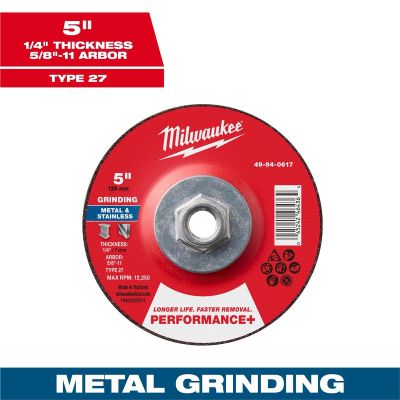 MLW49-94-0617 image(0) - Milwaukee Tool 5" x 1/4" x 5/8"-11 Performance+ Metal Grinding Wheel - Type 27