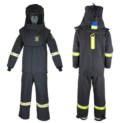 OBRTCG55B-ESL-S image(0) - OBERON Suit Kit - Arc Flash - 55 Cal TCG - Comes with Hood, Coat and Bib Coveralls - With Escape Strap - With Leg Zippers - Color: Black - Size: Small