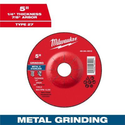 MLW49-94-0513 image(0) - Milwaukee Tool 5" x 1/4" x 7/8" Metal Grinding  Wheel - Type 27