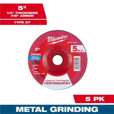 MLW49-94-0610 image(0) - Milwaukee Tool 5" x 1/4" x 7/8" Performance+ Metal Grinding  Wheel - Type 27 - 5pk
