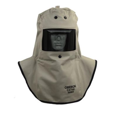 OBRCAT4-A1 image(0) - OBERON Hood with A1 Hard Hat Adapters - Arc Flash - 40 Cal CAT - Color: Khaki - Window: True Color Grey (TCG)