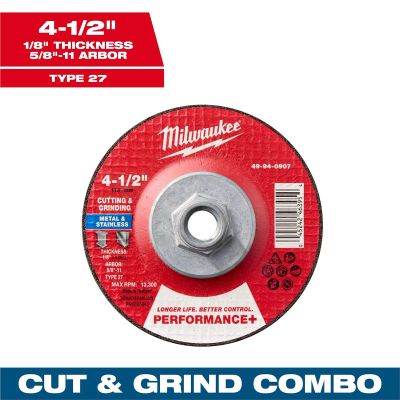 MLW49-94-0907 image(0) - Milwaukee Tool 4-1/2" x 1/8" x 5/8-11" Performance+ Dual Metal Cut & Grind Wheel - Type 27