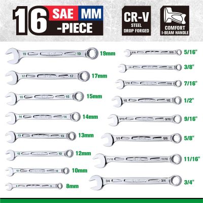 SKTSK01368 image(1) - S K Hand Tools 16 Piece, 12 Point, SAE & Metric Chrome Combination Wrench Set.  Packaged in a Roll