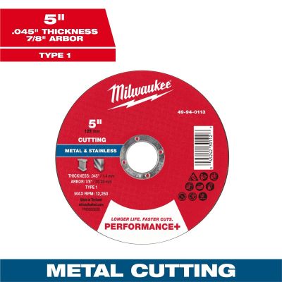 MLW49-94-0113 image(0) - Milwaukee Tool 5" x .045" x 7/8" Performance+ Metal Cut Off Wheel - Type 1