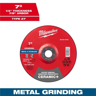 MLW49-94-0733 image(0) - Milwaukee Tool 7" x 1/4" x 7/8" Ceramic+ Metal Grinding Wheel - Type 27