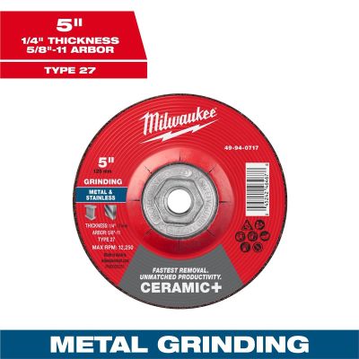 MLW49-94-0717 image(0) - Milwaukee Tool 5" x 1/4" x 5/8"-11 Ceramic+ Metal Grinding Wheel - Type 27