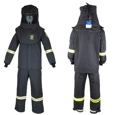OBRTCG55B-L-HVSL image(0) - OBERON Suit Kit - Arc Flash - 55 Cal TCG - Comes with Hood, Coat, Bib Coveralls and  Fresh Air Arc Flash Hood Ventilation System & Light - Color: Black - Size: Large