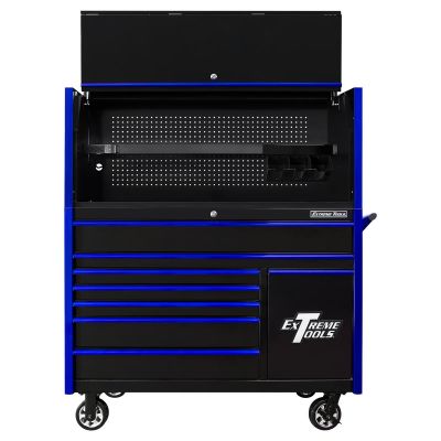EXTDX5509HRKU image(0) - Extreme Tools DX Series 55in W x 25in D Extreme Power Workstation Hutch and 8-Drawer Roller Cabinet w Power Tool Drawer  Black w Blue Drawer Pulls