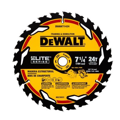 DWTDWAW71424 image(0) - DEWALT ELITE SERIES 7-1/4 In Carbide Circular Saw Blade 24 Tooth with 5/8 in Arbor (1 Pack)