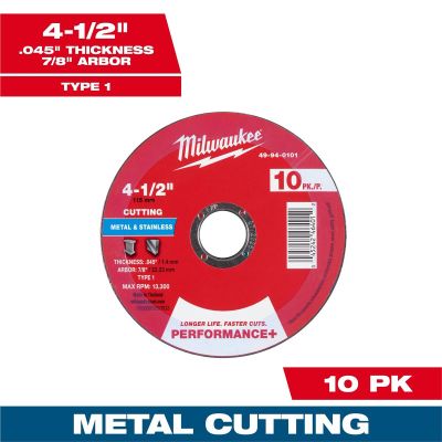 MLW49-94-0101 image(0) - Milwaukee Tool 4-1/2" x .045" x 7/8" Performance+ Metal Cut Off Wheel - Type 1 - 10pk