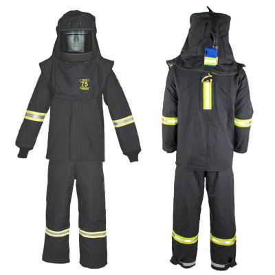 OBRTCG75B-ESL-XL-HVSL image(0) - OBERON Suit Kit - Arc Flash - 75 Cal TCG - Comes with Hood, Coat, Bib Coveralls and Fresh Air Arc Flash Hood Ventilation System & Light - With Escape Strap - With Leg Zippers - Color: Black - Size: XL