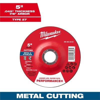 MLW49-94-0117 image(0) - Milwaukee Tool 5" x .045" x 7/8" Performance+ Metal Cut Off Wheel - Type 27