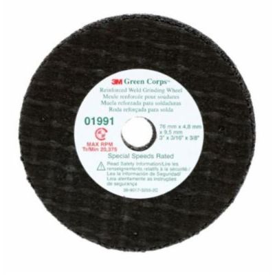 MMM01991 image(0) - 3M Green Corps&trade; Reinforced Weld Grinding Wheel, 01991, 3 in x 3/16 in x 3/8 in, 5 wheels per pack, 10 packs per case