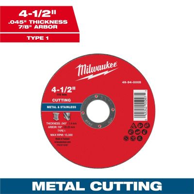 MLW49-94-0005 image(0) - Milwaukee Tool 4-1/2" x .045" x 7/8" Metal Cut Off Wheel -Type 1