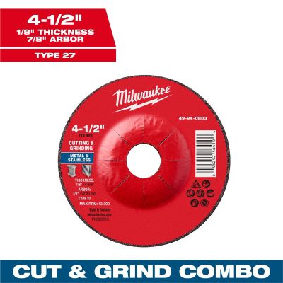 MLW49-94-0803 image(0) - Milwaukee Tool 4-1/2" x 1/8" x 7/8" Dual Metal Cut & Grind Wheel - Type 27