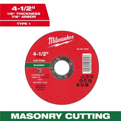 MLW49-94-1905 image(0) - Milwaukee Tool 4-1/2" x 1/8" x 7/8" Masonry Cut Off Wheel -Type 1