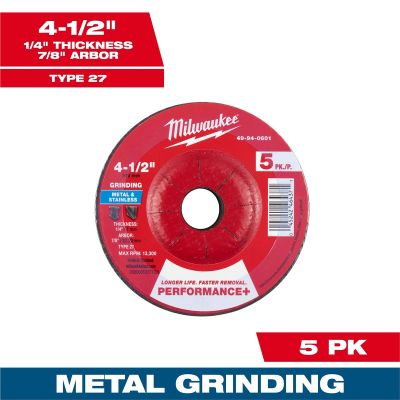 MLW49-94-0601 image(0) - Milwaukee Tool 4-1/2" x 1/4" x 7/8" Performance+ Metal Grinding Wheel - Type 27 - 5pk