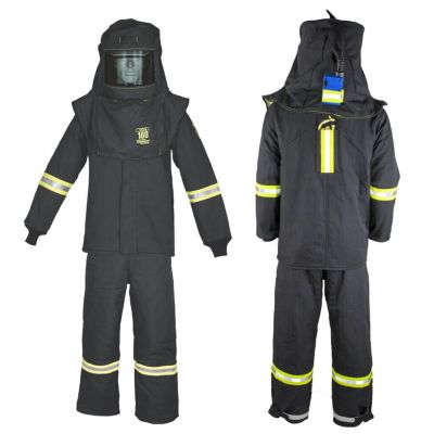 OBRTCG6B-ESL-TL-HVSL image(0) - OBERON Suit Kit - Arc Flash - 100 Cal TCG  - Comes with Hood, Coat, Bib Coveralls and  Fresh Air Arc Flash Hood Ventilation System & Light - With Escape Strap - With Leg Zippers - Color: Black - Size: Large Tall