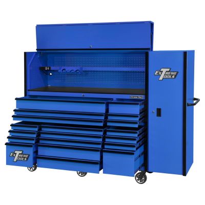 EXTRX7225HRSUK image(0) - Extreme Tools RX Series 72in W x 25in D Professional Extreme Power Workstation Hutch, 19-Drawer Roller Cabinet-150 lbs Slides and 19in 3-Drawer Side Locker Combo, Blue w Black Dr Pulls