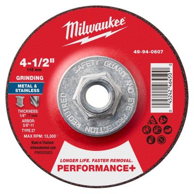 MLW49-94-0607 image(0) - Milwaukee Tool 4-1/2" x 1/4" x 5/8"-11 Performance+ Metal Grinding Wheel - Type 27