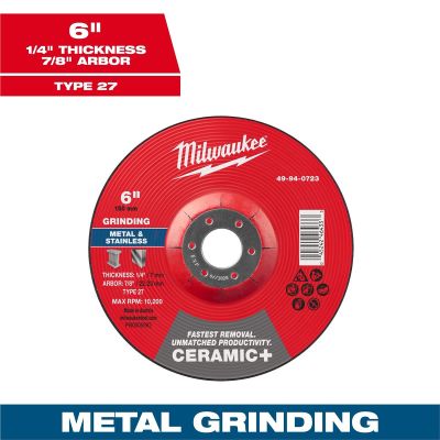 MLW49-94-0723 image(0) - Milwaukee Tool 6" x 1/4" x 7/8" Ceramic+ Metal Grinding Wheel - Type 27 -