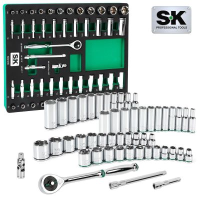 SKTSK01455-216P image(0) - S K Hand Tools 3/8" Drive, 51 Piece, 6 Point, Shallow & Deep, DAE & Metric Chrome Socket Set with 216P Ratchet.  Packaged in EVA Foam Tray