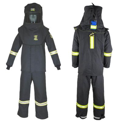 OBRTCG3B-ES-L-HVSL image(0) - OBERON Suit Kit - Arc Flash - 25 Cal TCG - Comes with Hood, Coat, Bib Coveralls and  Fresh Air Arc Flash Hood Ventilation System & Light - With Escape Strap - Color: Black - Size: Large
