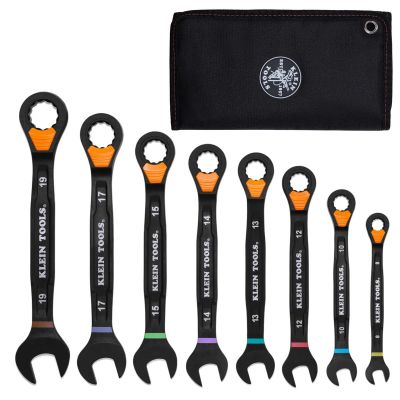 KLE69508M image(0) - Klein Tools Ratcheting Combination Slide-Lock Wrench Set, Metric, 8-Piece