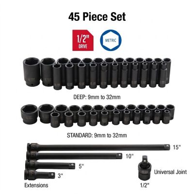 SUN2545 image(1) - SUNEX 1/2" Drive Metric 6 Point Standard & Deep, Universal Joint & Extensions 45-Piece Master Impact Socket Set