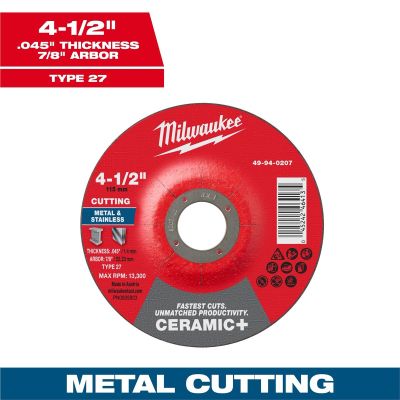 MLW49-94-0207 image(0) - Milwaukee Tool 4-1/2" x .045" x 7/8" Ceramic+ Metal Cut Off Wheel -Type 27
