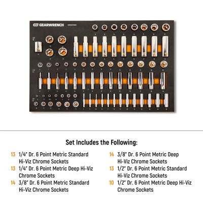 KDTGWMSSKTHMM image(1) - GEARWRENCH 77 Piece 1/4", 3/8" & 1/2" Drive Hi-Viz Metric Socket Set in Foam Tray