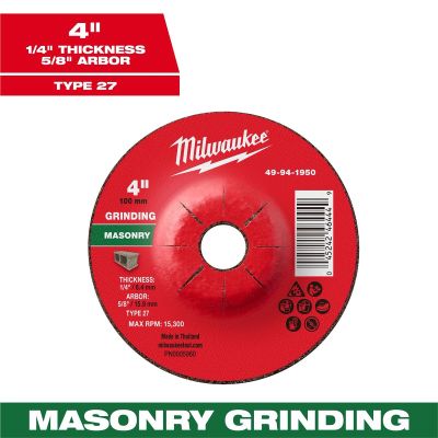 MLW49-94-1950 image(0) - Milwaukee Tool 4" x 1/4" x 5/8" Masonry Grinding  Wheel - Type 27