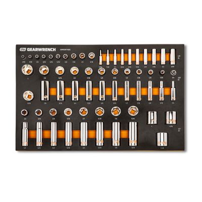 KDTGWMSSKTHSAE image(0) - GEARWRENCH 63 Piece 1/4", 3/8" & 1/2" Drive Hi-Viz SAE Socket Set in Foam Tray