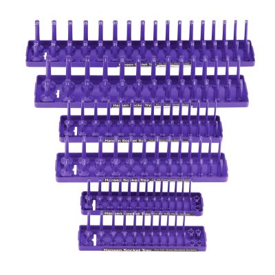HNE92021 image(0) - Hansen Global  1/4 Inch, 3/8 Inch, and 1/2 Inch Standard and Metric 2 Row Regular/Deep Socket Holder Trays - 6 Pack - Purple