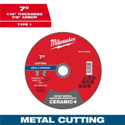 MLW49-94-0233 image(0) - Milwaukee Tool 7" x 1/16" x 7/8" Ceramic+ Metal Cut Off Wheel -Type 1